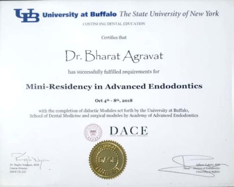 Min-Residency  in Advanced Endodontics from University at Buffalo USA. (Gujarat’s First)